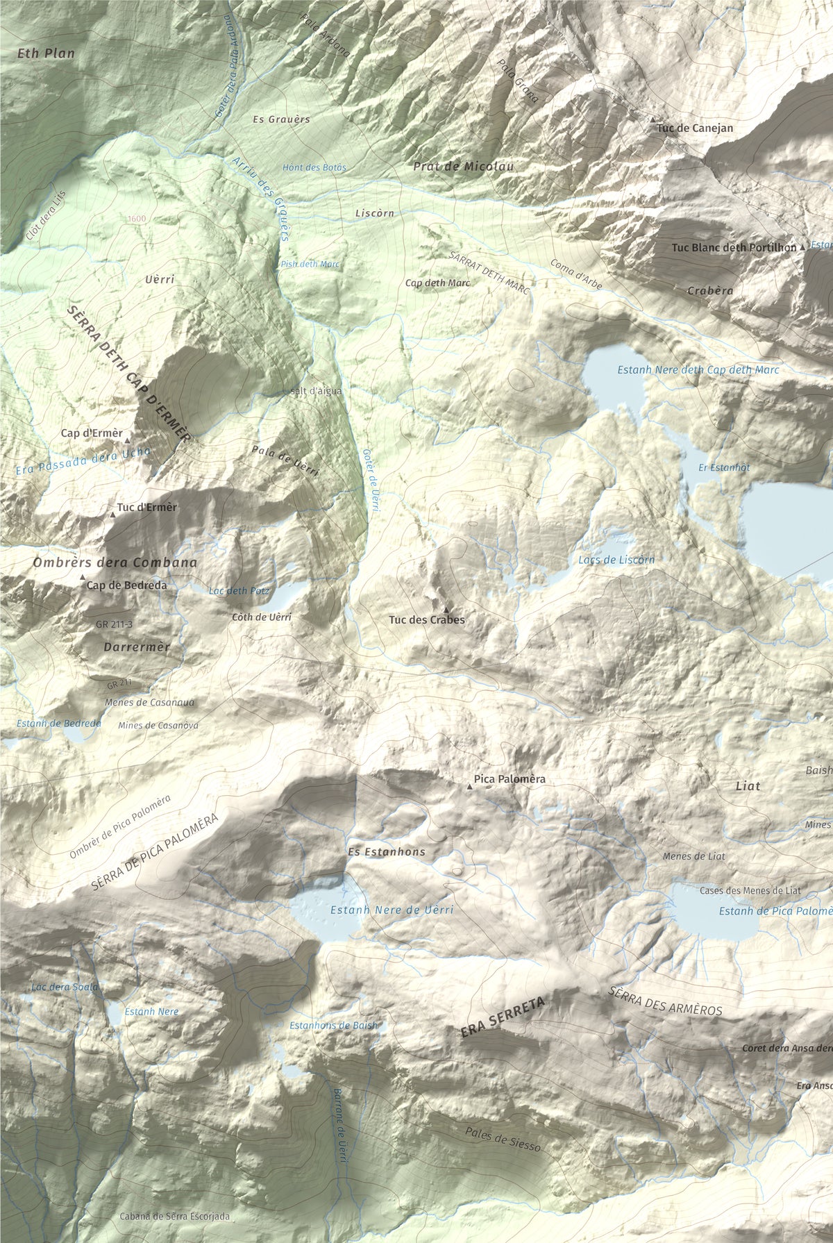 Mapa de relieve de Tuc des Armèros, 2534 m, Val d'Aran, lámina 100 Cims de Trobart. Detalle de la zona superior izquierda. 61 × 91 cm.
