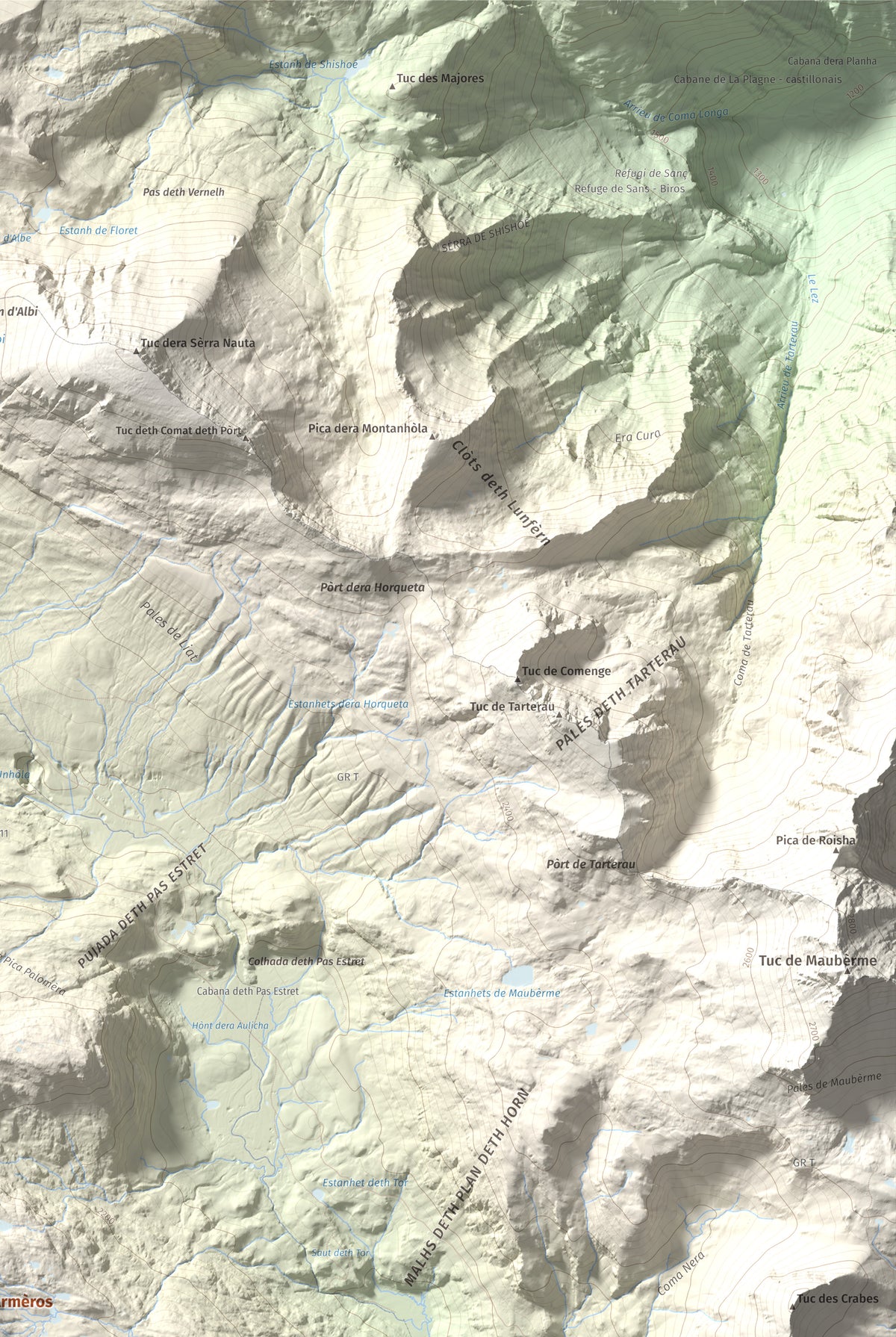Mapa de relieve de Tuc des Armèros, 2534 m, Val d'Aran, lámina 100 Cims de Trobart. Detalle de la zona superior derecha. 61 × 91 cm.