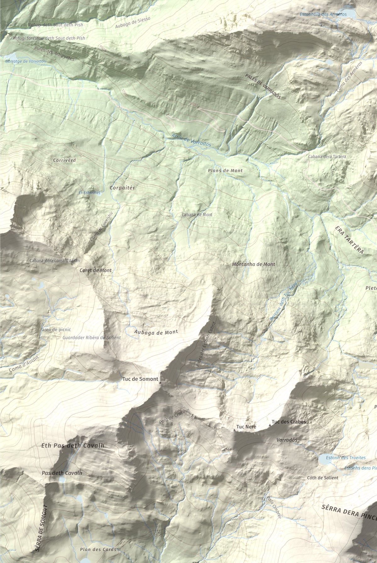 Mapa de relieve de Tuc des Armèros, 2534 m, Val d'Aran, lámina 100 Cims de Trobart. Detalle de la zona inferior izquierda. 61 × 91 cm.