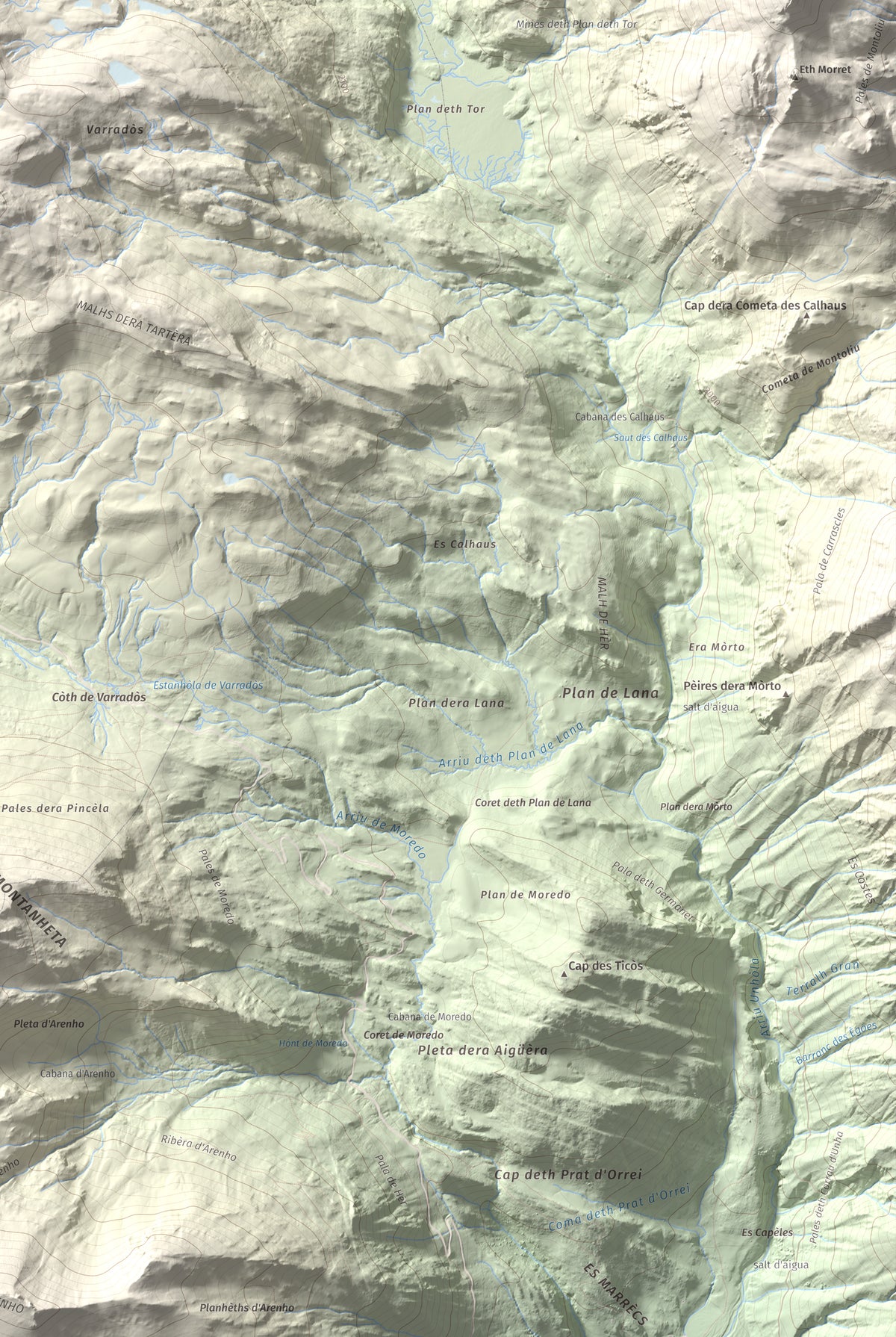 Mapa de relieve de Tuc des Armèros, 2534 m, Val d'Aran, lámina 100 Cims de Trobart. Detalle de la zona inferior derecha. 61 × 91 cm.