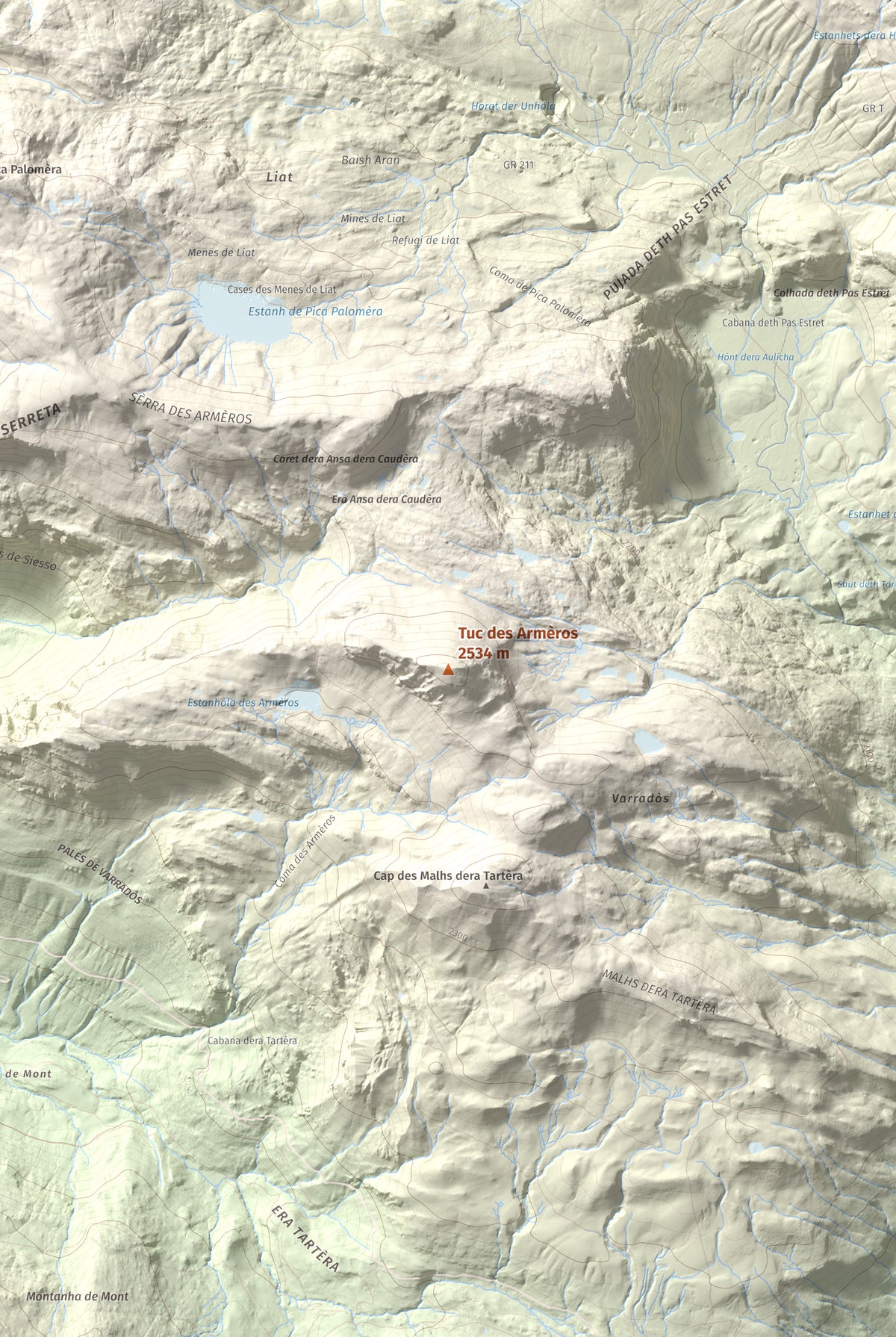 Mapa de relieve de Tuc des Armèros, 2534 m, Val d'Aran, lámina 100 Cims de Trobart. Detalle de la zona central. 61 × 91 cm.