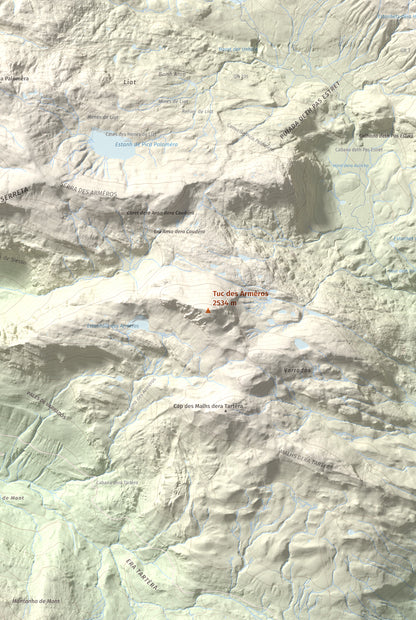 Mapa de relieve de Tuc des Armèros, 2534 m, Val d'Aran, lámina 100 Cims de Trobart. Detalle de la zona central. 61 × 91 cm.