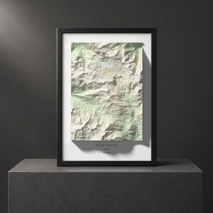 Mapa de relieve de Tuc des Armèros, 2534 m, Val d'Aran, lámina 100 Cims de Trobart. Presentación enmarcada. 70 × 100 cm.