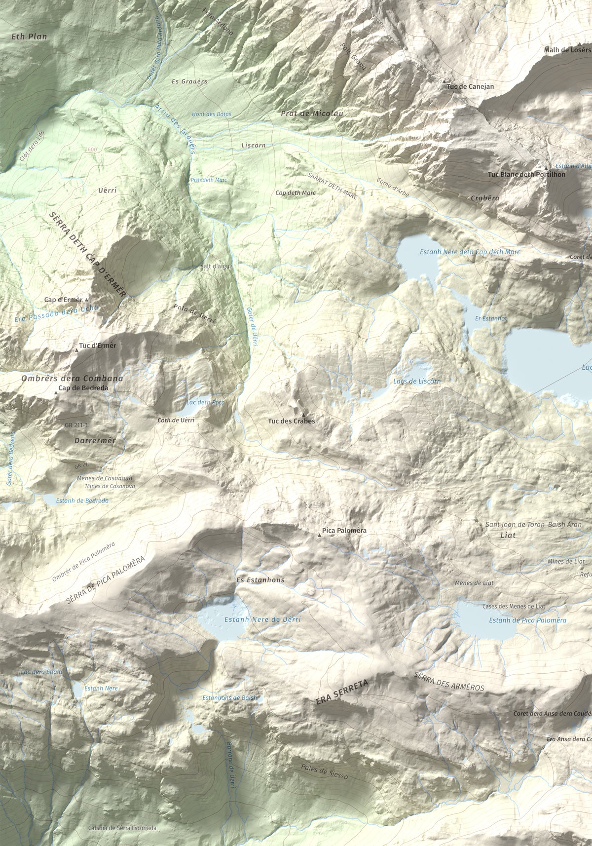 Mapa de relieve de Tuc des Armèros, 2534 m, Val d'Aran, lámina 100 Cims de Trobart. Detalle de la zona superior izquierda. 70 × 100 cm.