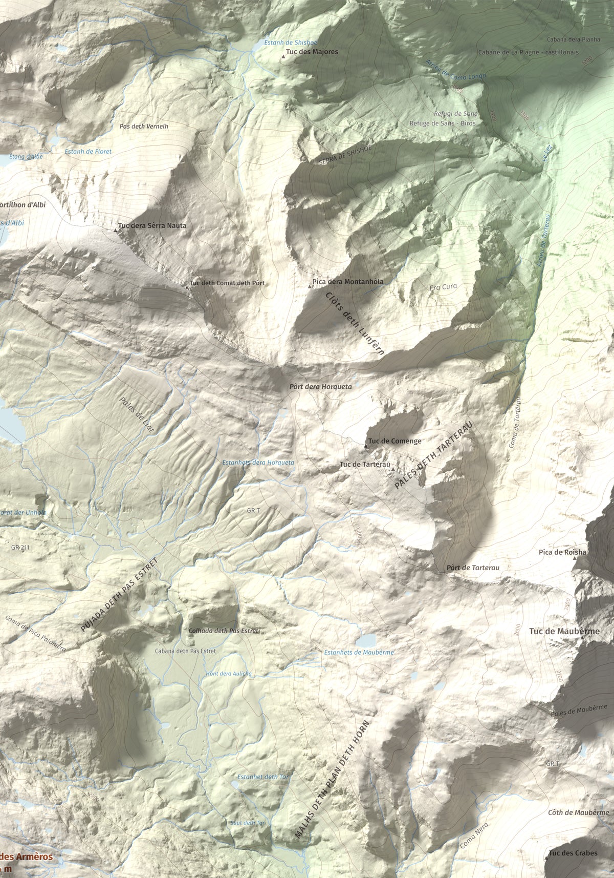 Mapa de relieve de Tuc des Armèros, 2534 m, Val d'Aran, lámina 100 Cims de Trobart. Detalle de la zona superior derecha. 70 × 100 cm.