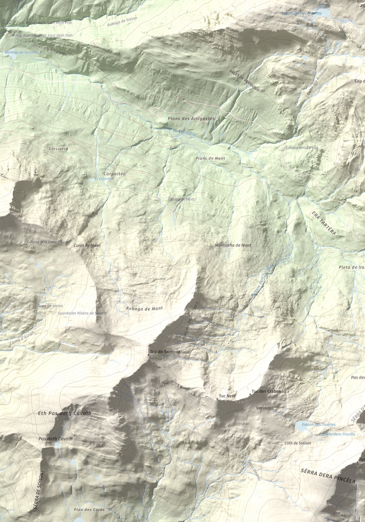 Mapa de relieve de Tuc des Armèros, 2534 m, Val d'Aran, lámina 100 Cims de Trobart. Detalle de la zona inferior izquierda. 70 × 100 cm.