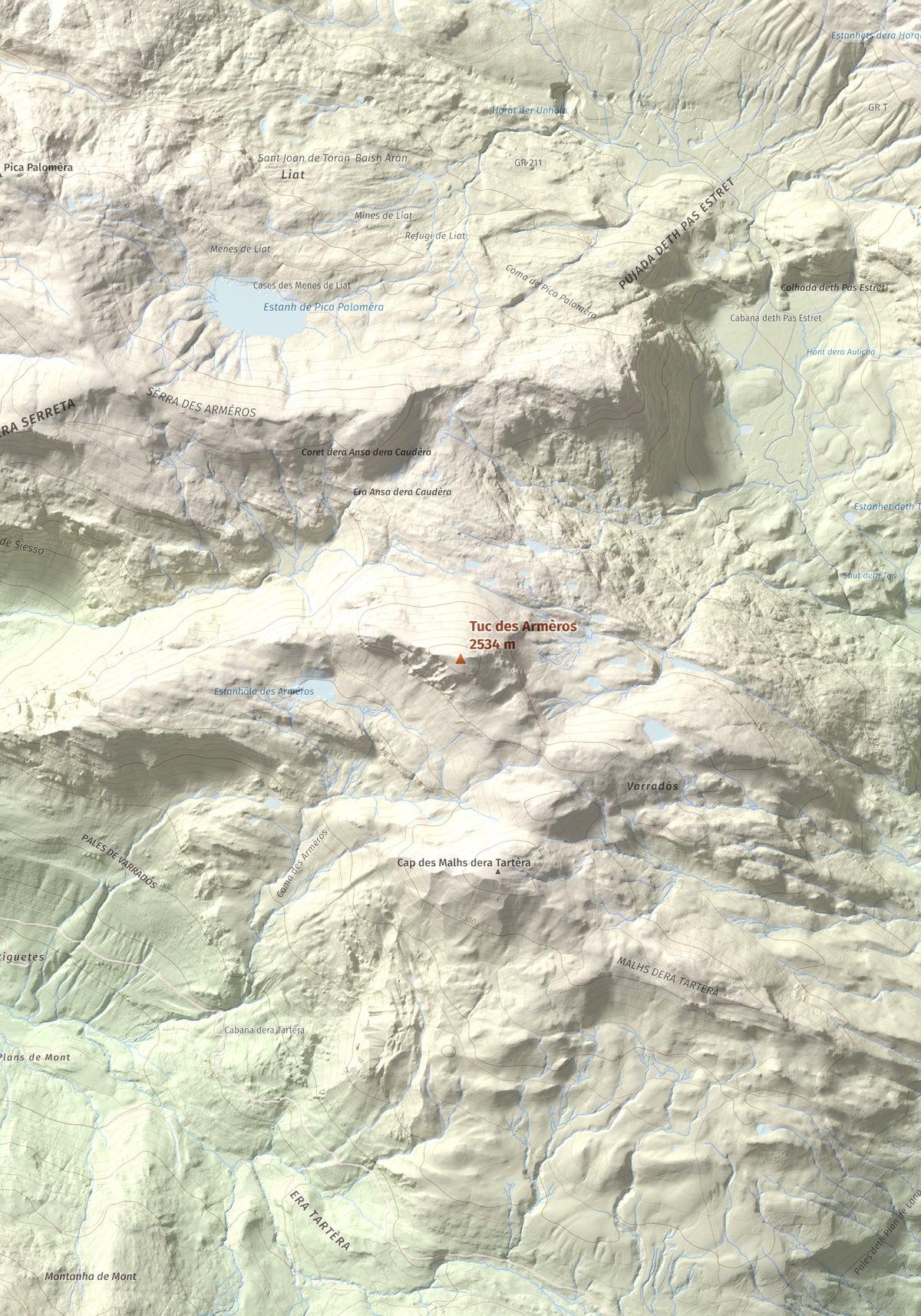 Mapa de relieve de Tuc des Armèros, 2534 m, Val d'Aran, lámina 100 Cims de Trobart. Detalle de la zona central. 70 × 100 cm.