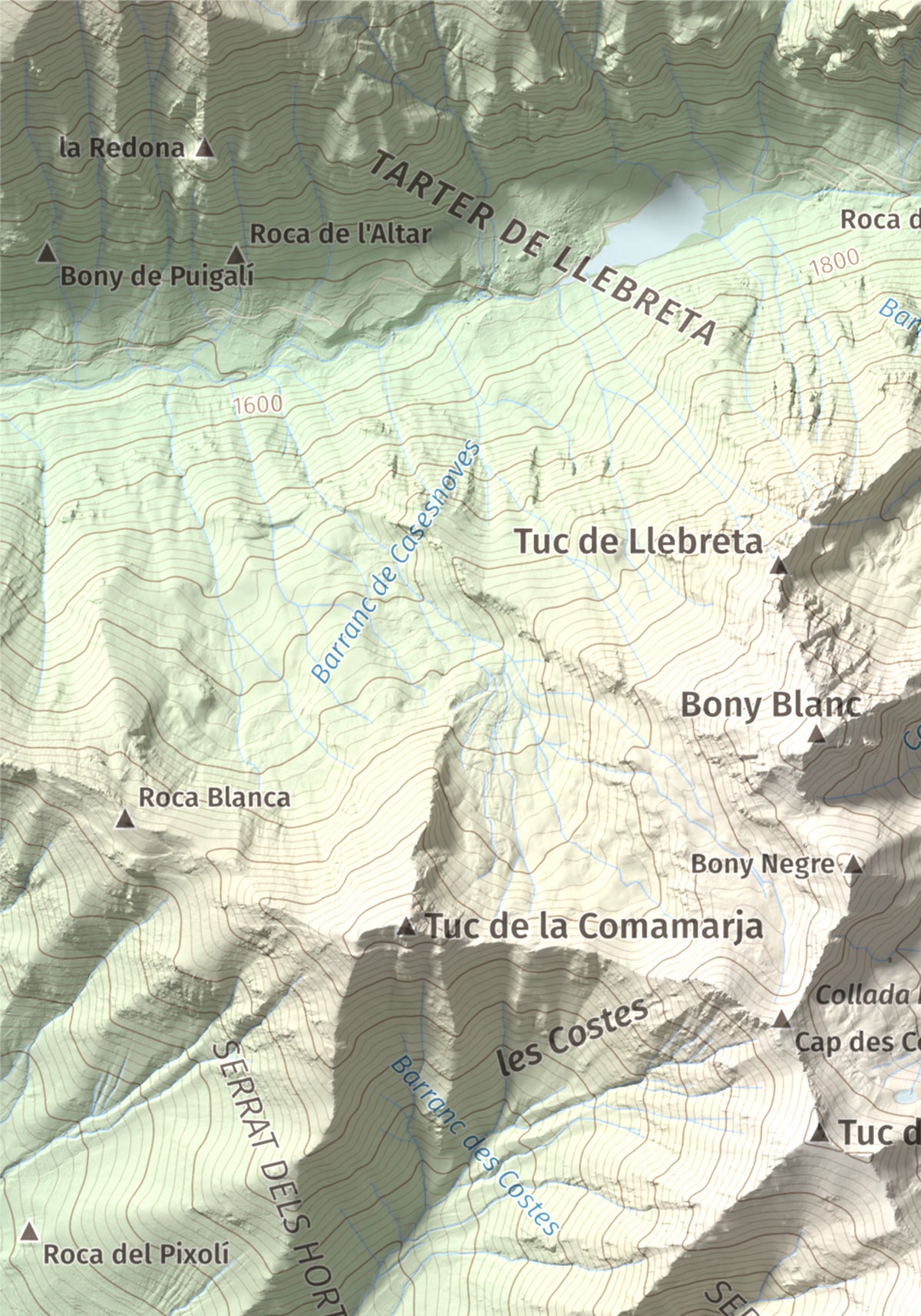 Mapa de relieve de Tuc des Carants, 2791 m, Alta Ribagorça, lámina 100 Cims de Trobart. Detalle de la zona superior izquierda. 21 × 30 cm.