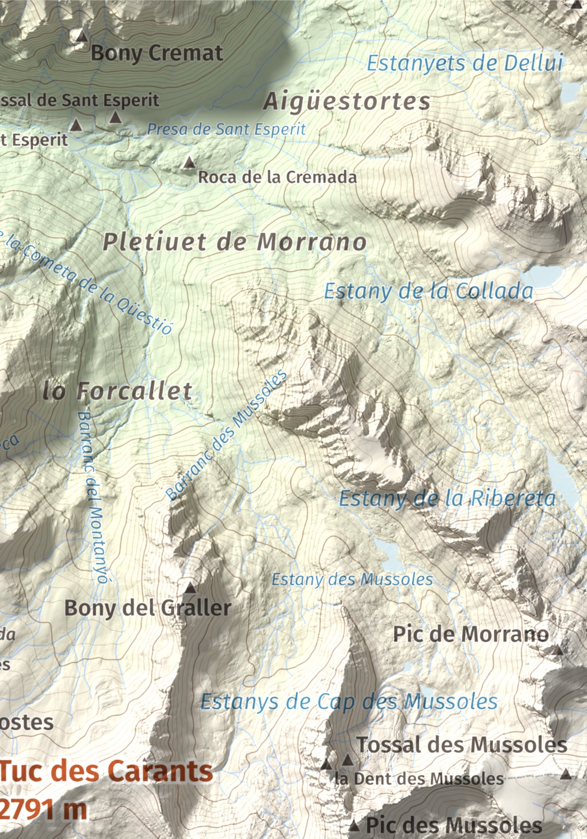 Mapa de relieve de Tuc des Carants, 2791 m, Alta Ribagorça, lámina 100 Cims de Trobart. Detalle de la zona superior derecha. 21 × 30 cm.