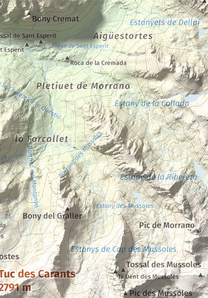Mapa de relieve de Tuc des Carants, 2791 m, Alta Ribagorça, lámina 100 Cims de Trobart. Detalle de la zona superior derecha. 21 × 30 cm.