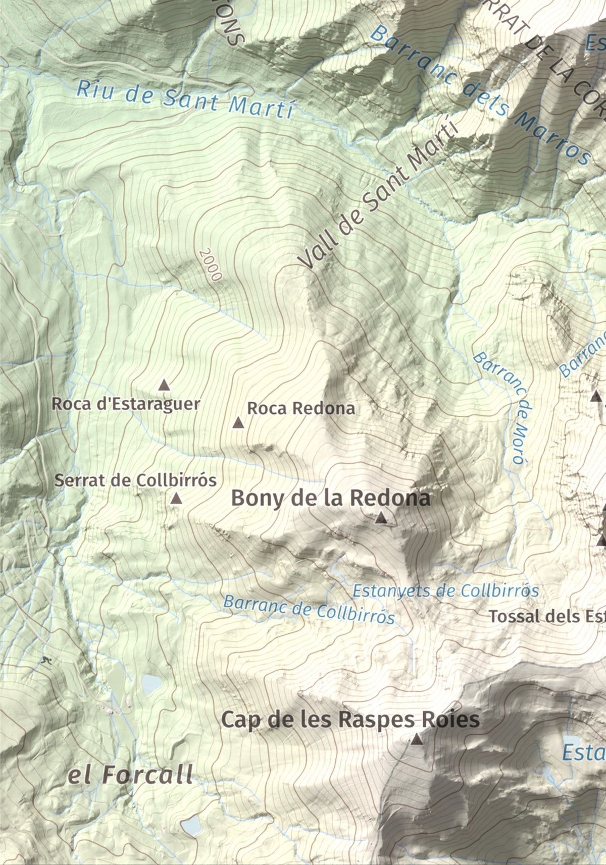 Mapa de relieve de Tuc des Carants, 2791 m, Alta Ribagorça, lámina 100 Cims de Trobart. Detalle de la zona inferior izquierda. 21 × 30 cm.
