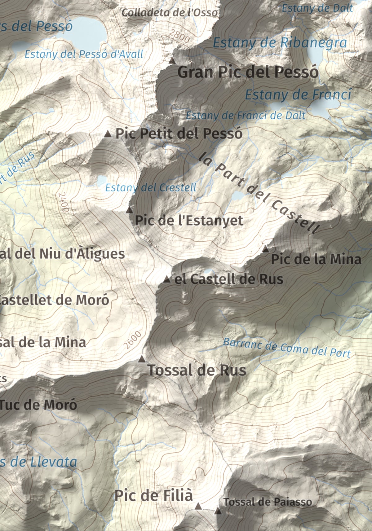 Mapa de relieve de Tuc des Carants, 2791 m, Alta Ribagorça, lámina 100 Cims de Trobart. Detalle de la zona inferior derecha. 21 × 30 cm.