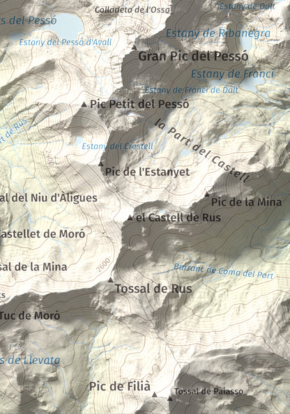 Mapa de relieve de Tuc des Carants, 2791 m, Alta Ribagorça, lámina 100 Cims de Trobart. Detalle de la zona inferior derecha. 21 × 30 cm.
