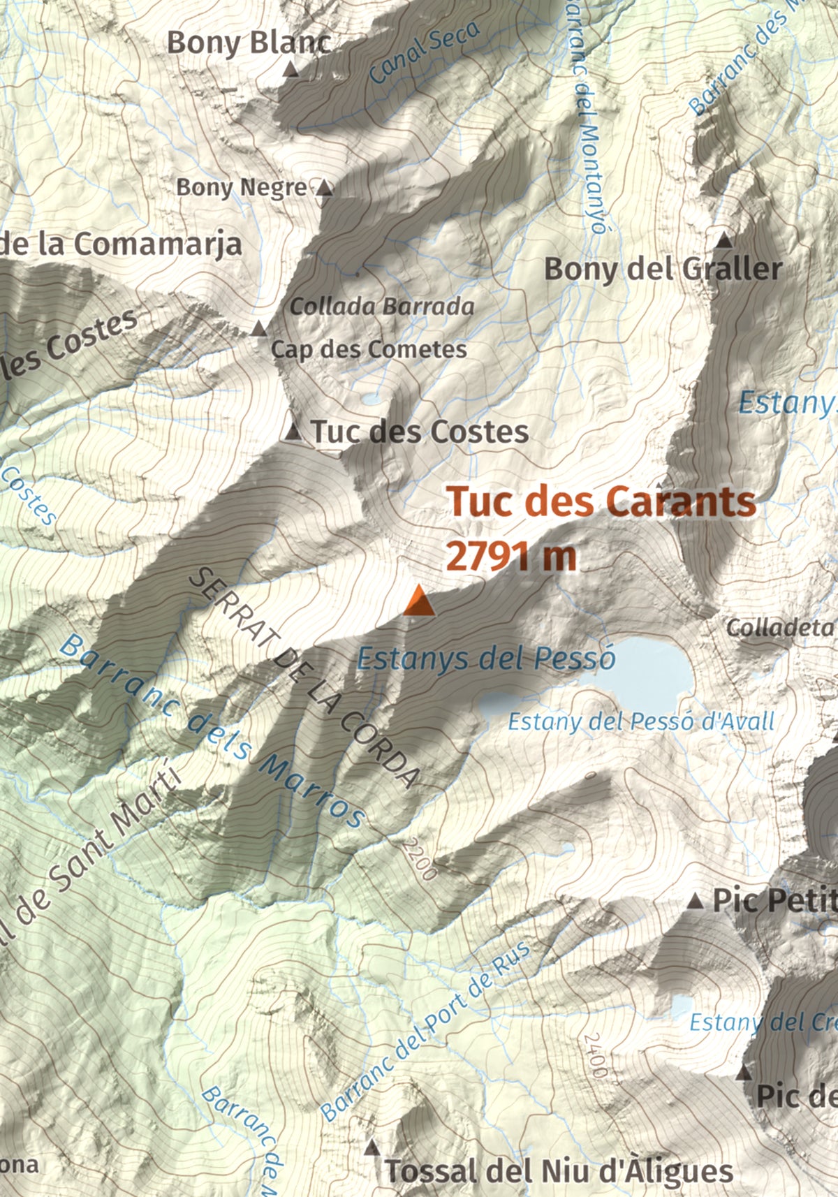 Mapa de relieve de Tuc des Carants, 2791 m, Alta Ribagorça, lámina 100 Cims de Trobart. Detalle de la zona central. 21 × 30 cm.