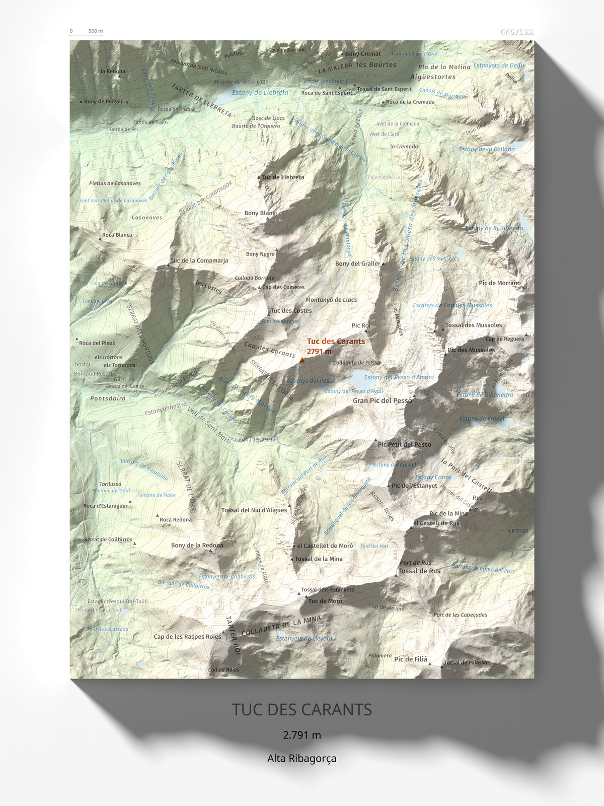 Mapa de relieve de Tuc des Carants, 2791 m, Alta Ribagorça, lámina 100 Cims de Trobart 30 × 40 cm.