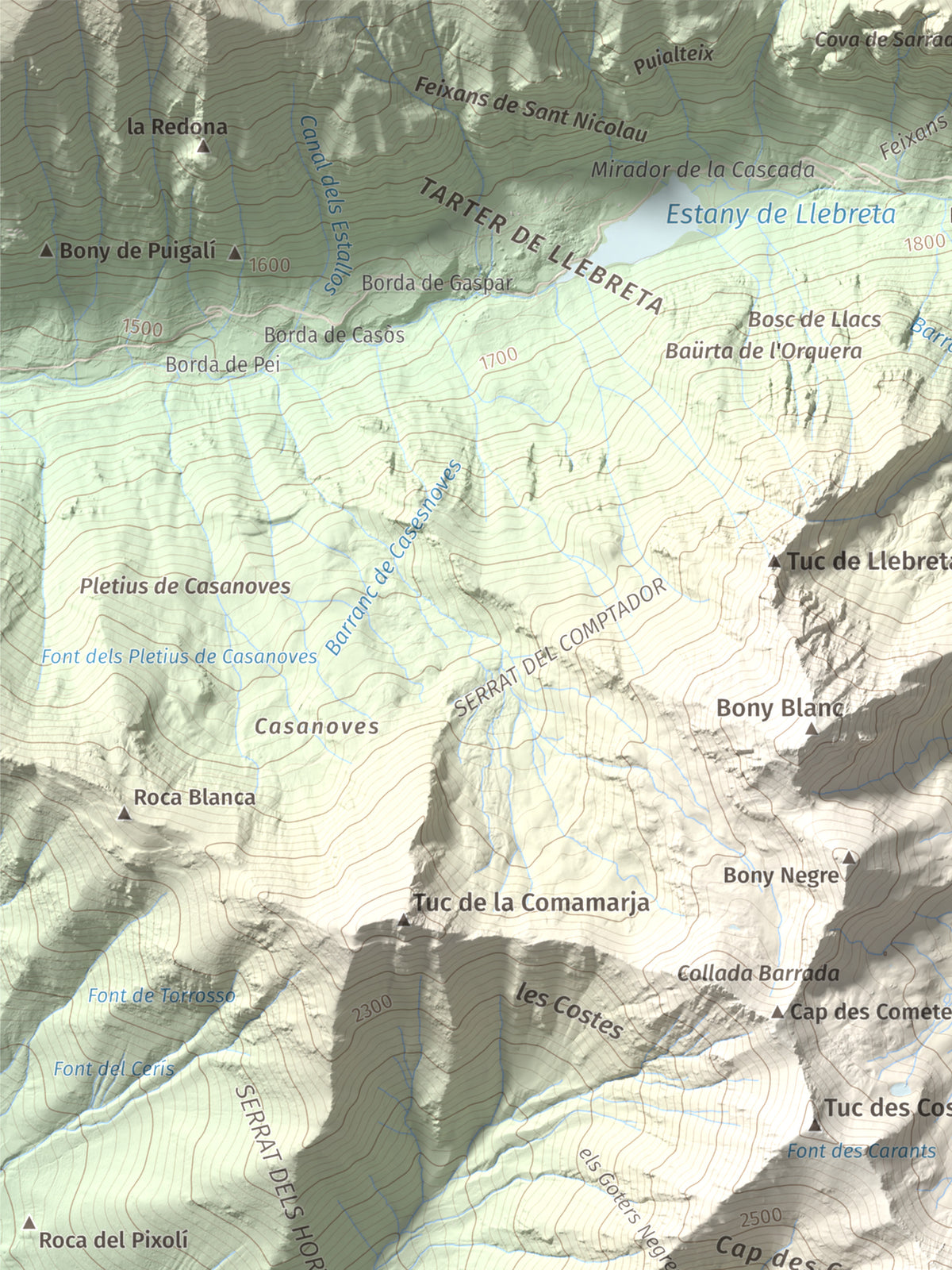 Mapa de relieve de Tuc des Carants, 2791 m, Alta Ribagorça, lámina 100 Cims de Trobart. Detalle de la zona superior izquierda. 30 × 40 cm.