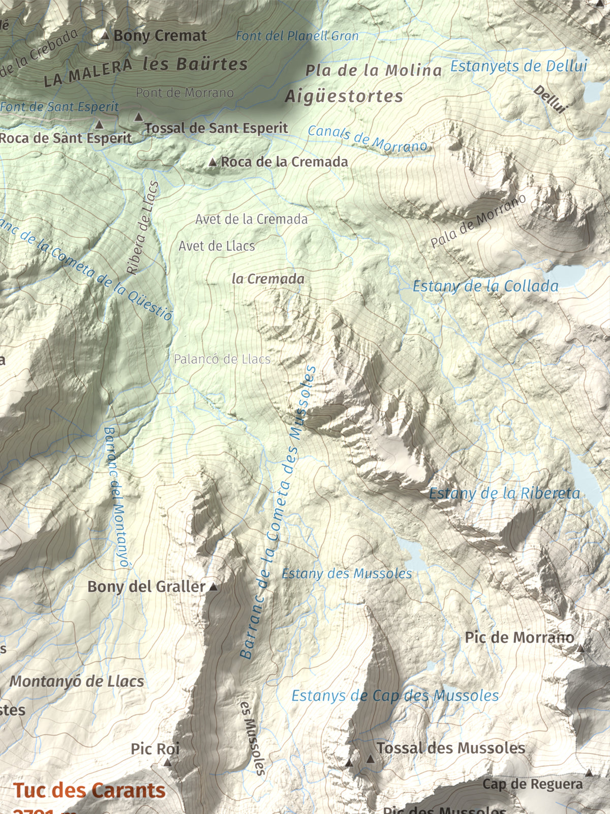 Mapa de relieve de Tuc des Carants, 2791 m, Alta Ribagorça, lámina 100 Cims de Trobart. Detalle de la zona superior derecha. 30 × 40 cm.