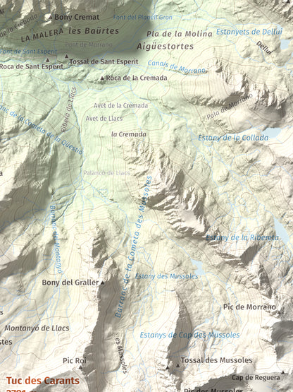 Mapa de relieve de Tuc des Carants, 2791 m, Alta Ribagorça, lámina 100 Cims de Trobart. Detalle de la zona superior derecha. 30 × 40 cm.