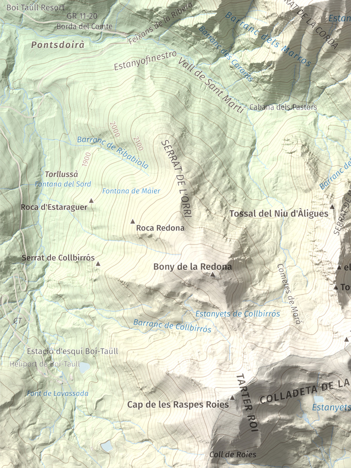 Mapa de relieve de Tuc des Carants, 2791 m, Alta Ribagorça, lámina 100 Cims de Trobart. Detalle de la zona inferior izquierda. 30 × 40 cm.