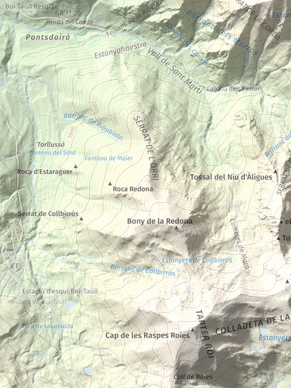 Mapa de relieve de Tuc des Carants, 2791 m, Alta Ribagorça, lámina 100 Cims de Trobart. Detalle de la zona inferior izquierda. 30 × 40 cm.