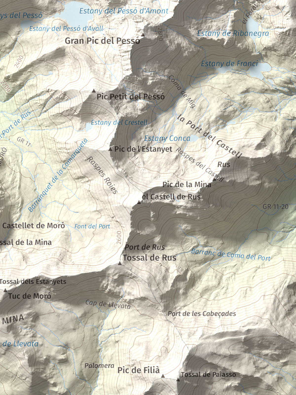Mapa de relieve de Tuc des Carants, 2791 m, Alta Ribagorça, lámina 100 Cims de Trobart. Detalle de la zona inferior derecha. 30 × 40 cm.