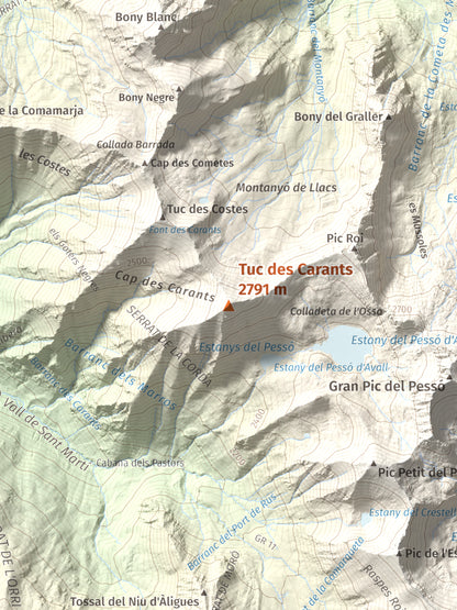 Mapa de relieve de Tuc des Carants, 2791 m, Alta Ribagorça, lámina 100 Cims de Trobart. Detalle de la zona central. 30 × 40 cm.