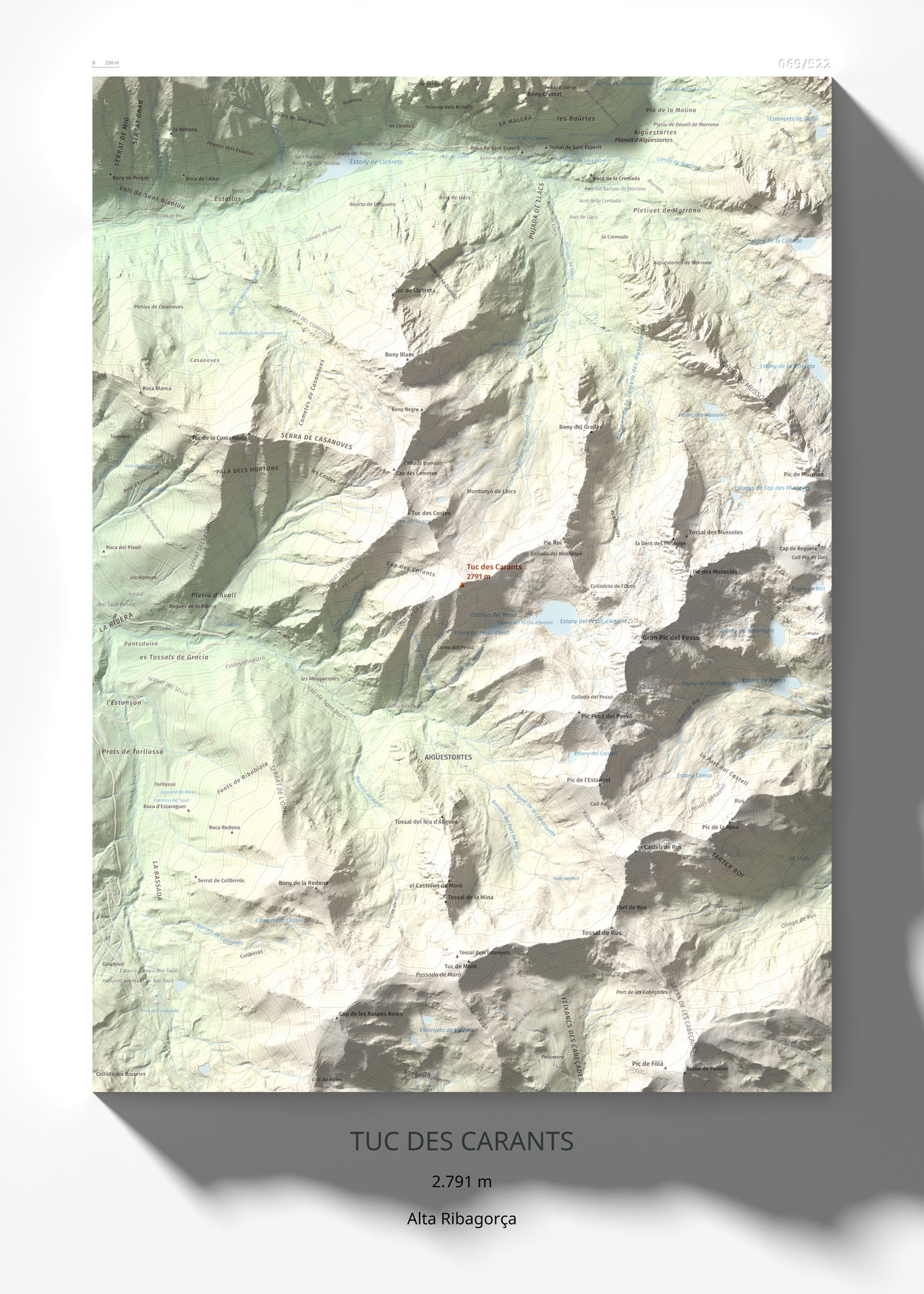 Mapa de relieve de Tuc des Carants, 2791 m, Alta Ribagorça, lámina 100 Cims de Trobart 50 × 70 cm.