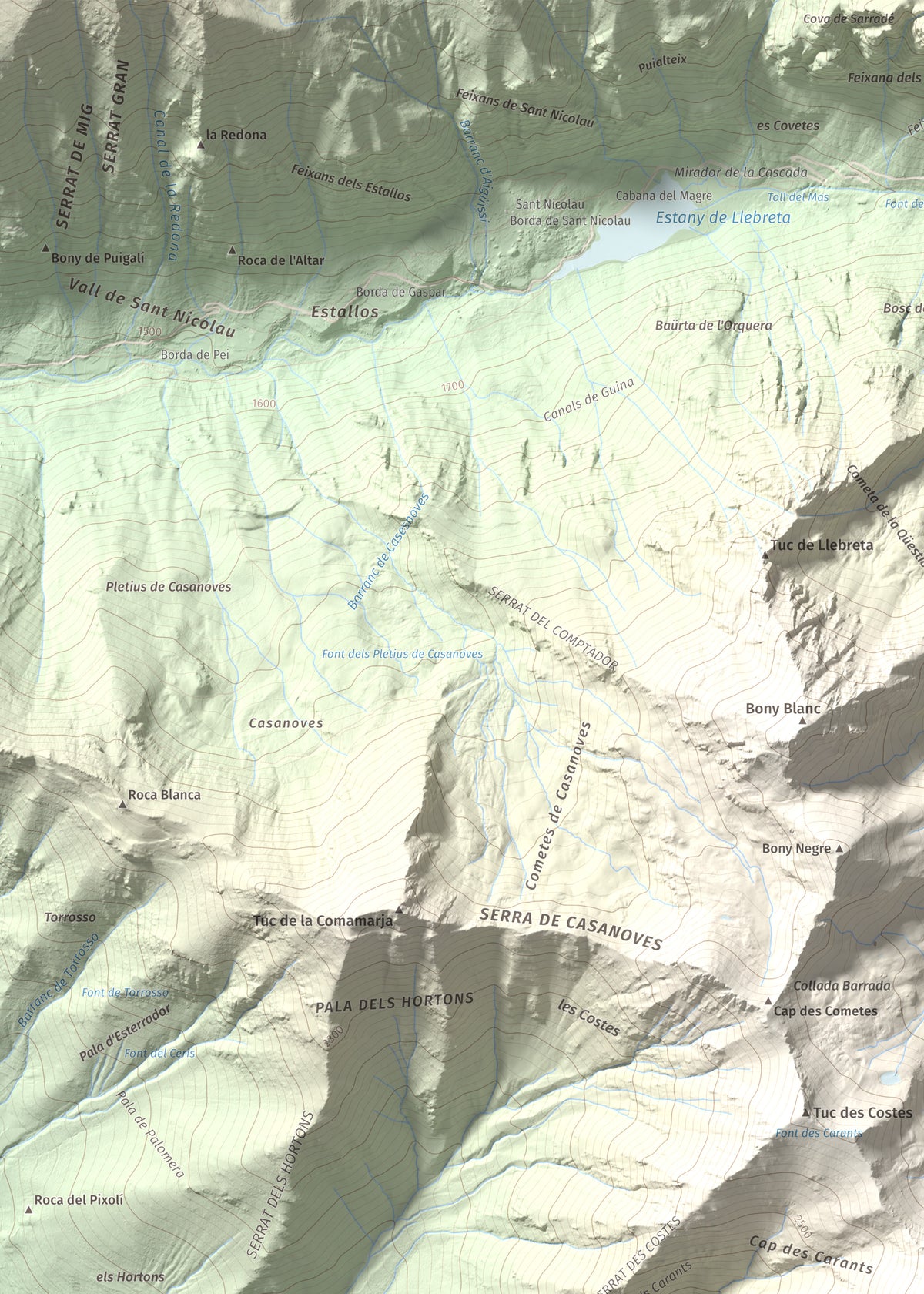 Mapa de relieve de Tuc des Carants, 2791 m, Alta Ribagorça, lámina 100 Cims de Trobart. Detalle de la zona superior izquierda. 50 × 70 cm.