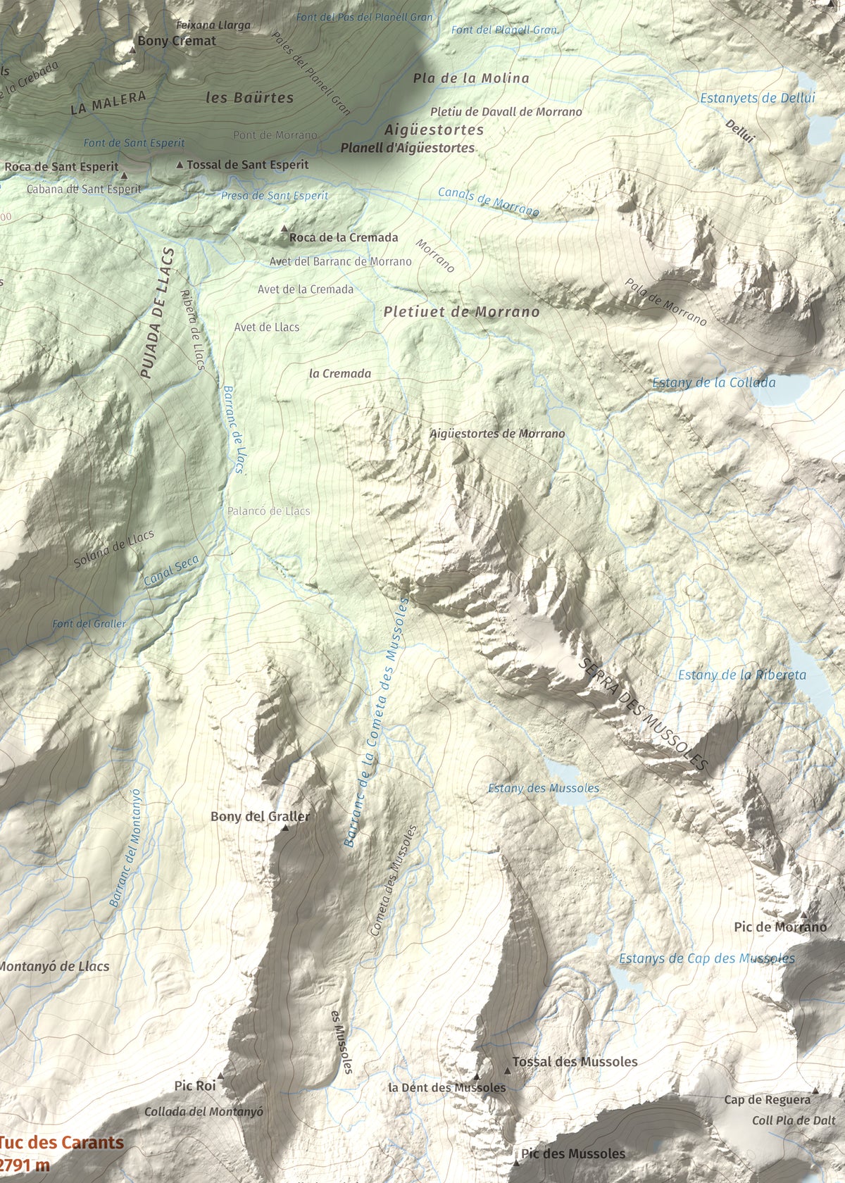 Mapa de relieve de Tuc des Carants, 2791 m, Alta Ribagorça, lámina 100 Cims de Trobart. Detalle de la zona superior derecha. 50 × 70 cm.