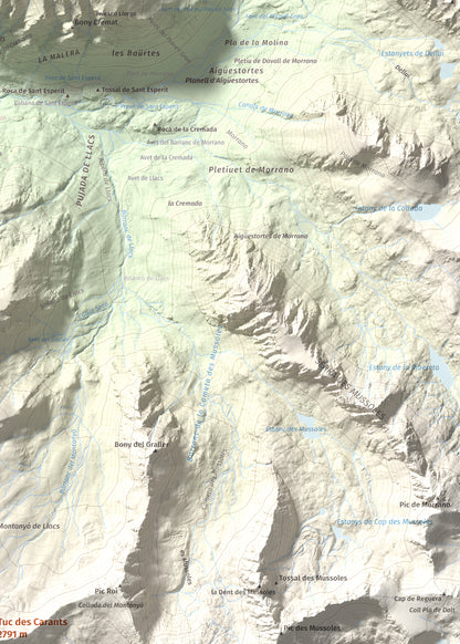 Mapa de relieve de Tuc des Carants, 2791 m, Alta Ribagorça, lámina 100 Cims de Trobart. Detalle de la zona superior derecha. 50 × 70 cm.