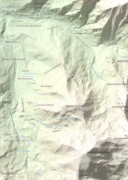 Mapa de relieve de Tuc des Carants, 2791 m, Alta Ribagorça, lámina 100 Cims de Trobart. Detalle de la zona inferior izquierda. 50 × 70 cm.