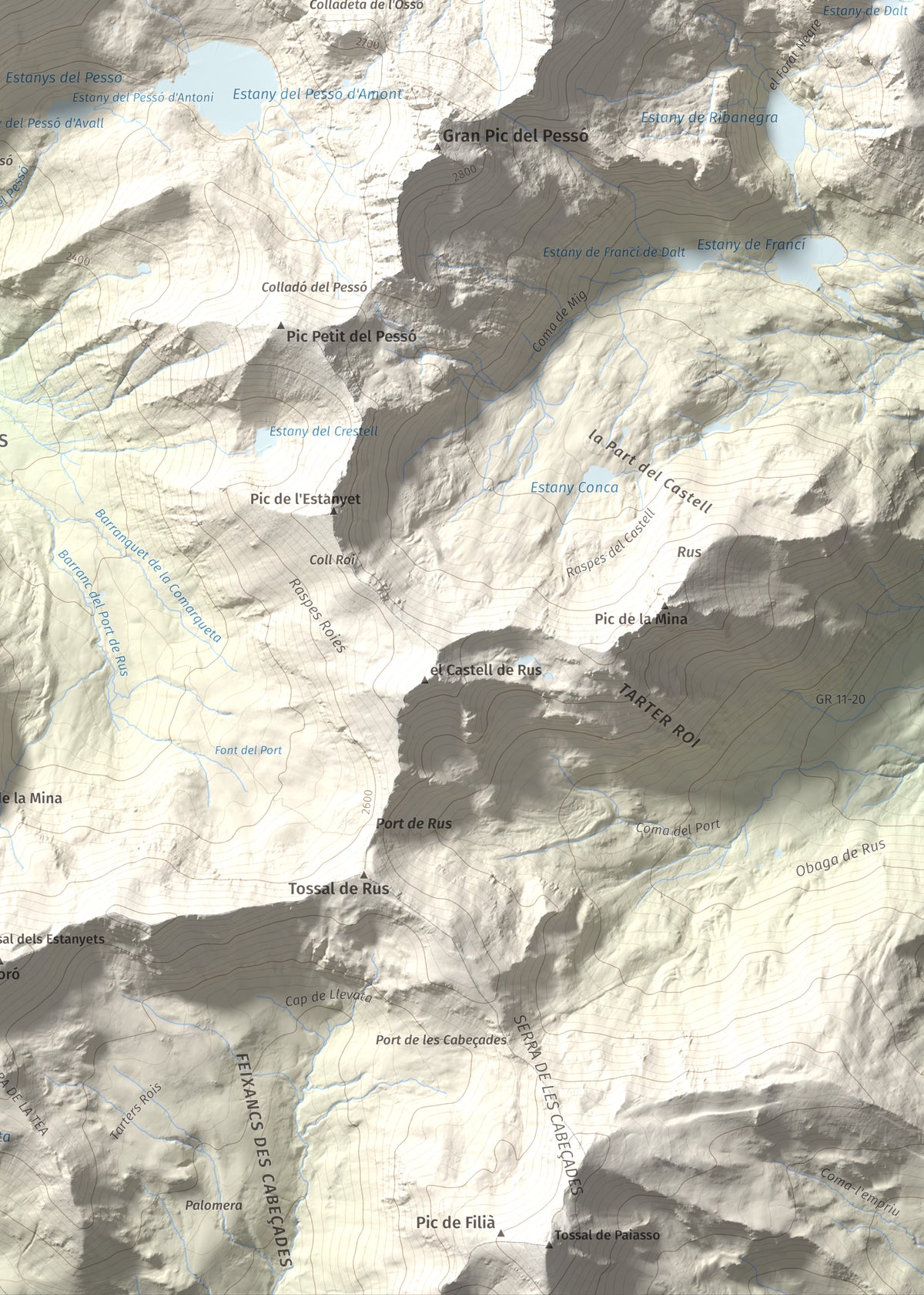 Mapa de relieve de Tuc des Carants, 2791 m, Alta Ribagorça, lámina 100 Cims de Trobart. Detalle de la zona inferior derecha. 50 × 70 cm.