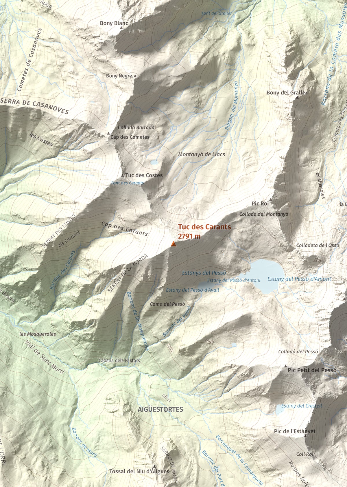 Mapa de relieve de Tuc des Carants, 2791 m, Alta Ribagorça, lámina 100 Cims de Trobart. Detalle de la zona central. 50 × 70 cm.