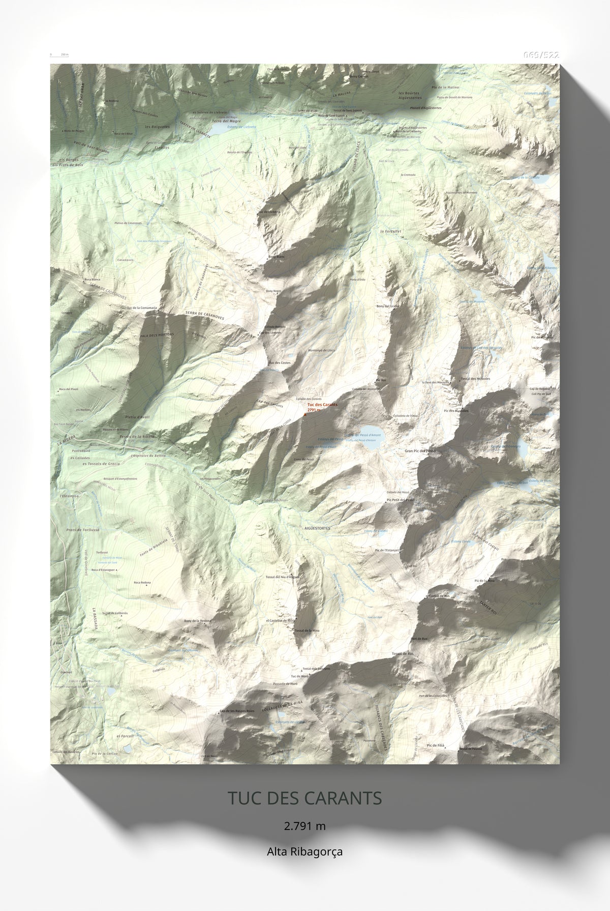 Mapa de relieve de Tuc des Carants, 2791 m, Alta Ribagorça, lámina 100 Cims de Trobart 61 × 91 cm.