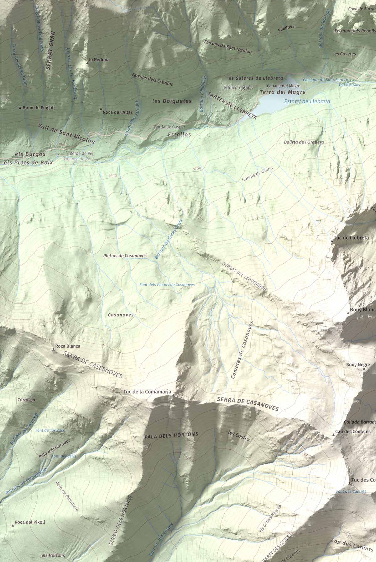 Mapa de relieve de Tuc des Carants, 2791 m, Alta Ribagorça, lámina 100 Cims de Trobart. Detalle de la zona superior izquierda. 61 × 91 cm.