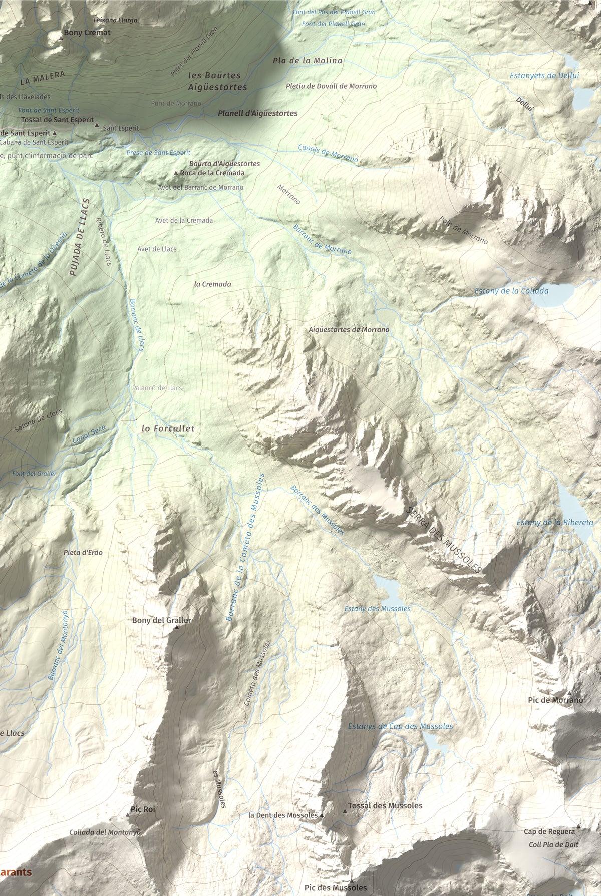 Mapa de relieve de Tuc des Carants, 2791 m, Alta Ribagorça, lámina 100 Cims de Trobart. Detalle de la zona superior derecha. 61 × 91 cm.