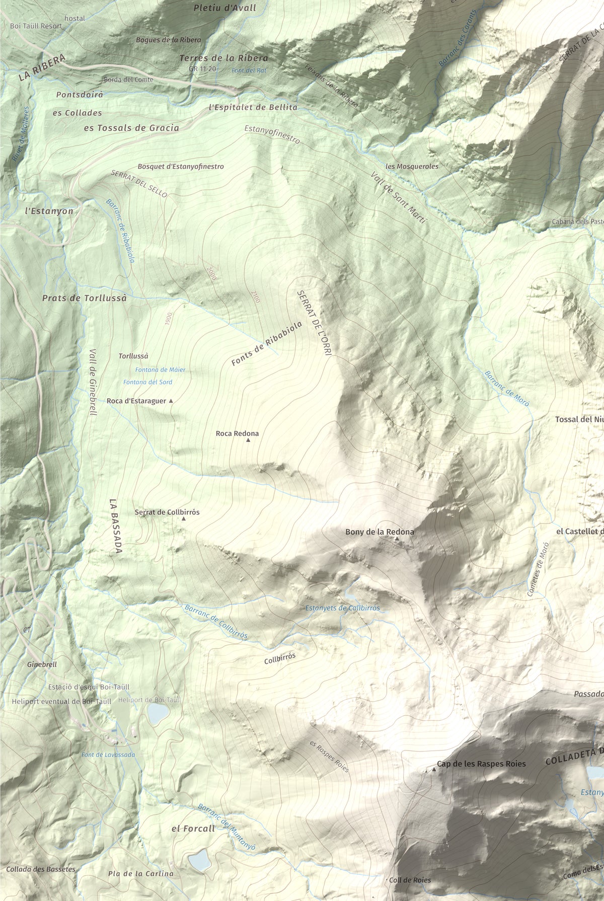 Mapa de relieve de Tuc des Carants, 2791 m, Alta Ribagorça, lámina 100 Cims de Trobart. Detalle de la zona inferior izquierda. 61 × 91 cm.