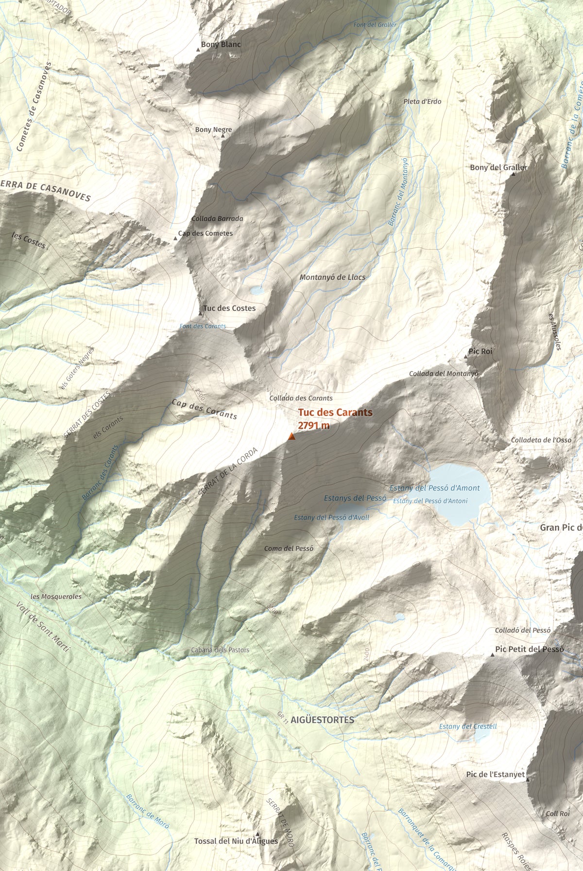 Mapa de relieve de Tuc des Carants, 2791 m, Alta Ribagorça, lámina 100 Cims de Trobart. Detalle de la zona central. 61 × 91 cm.