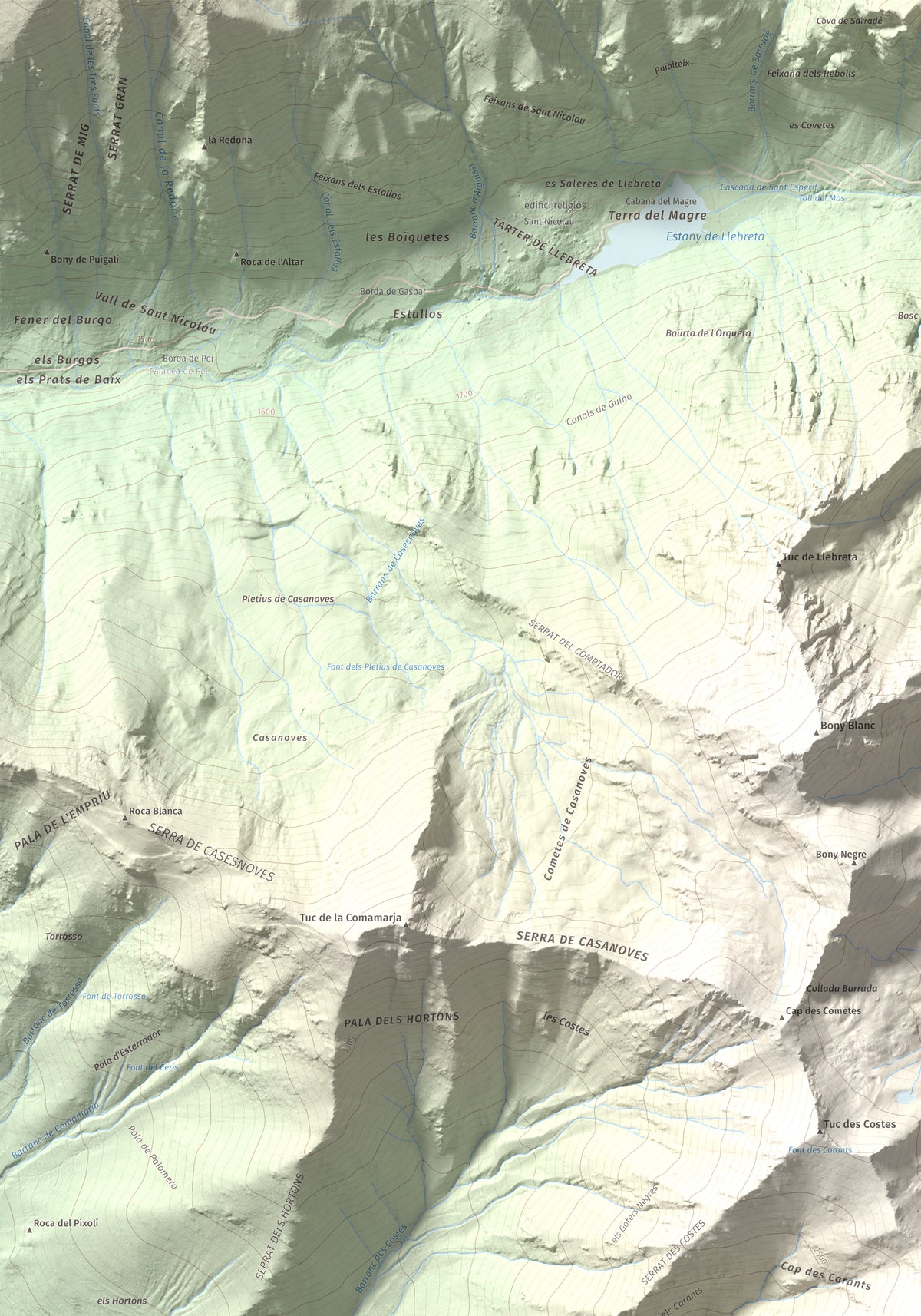 Mapa de relieve de Tuc des Carants, 2791 m, Alta Ribagorça, lámina 100 Cims de Trobart. Detalle de la zona superior izquierda. 70 × 100 cm.
