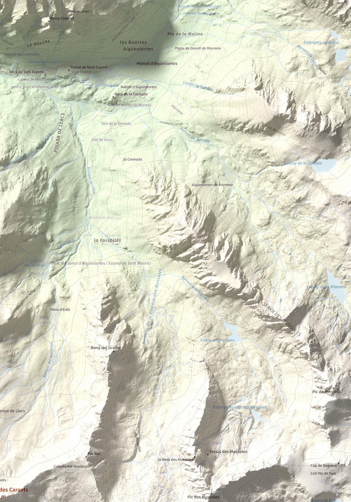 Mapa de relieve de Tuc des Carants, 2791 m, Alta Ribagorça, lámina 100 Cims de Trobart. Detalle de la zona superior derecha. 70 × 100 cm.
