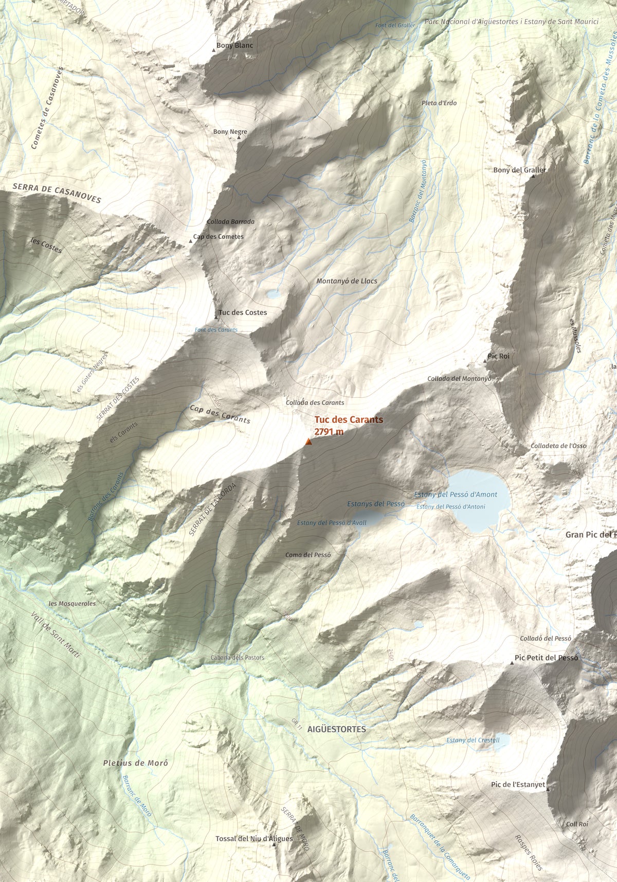 Mapa de relieve de Tuc des Carants, 2791 m, Alta Ribagorça, lámina 100 Cims de Trobart. Detalle de la zona central. 70 × 100 cm.