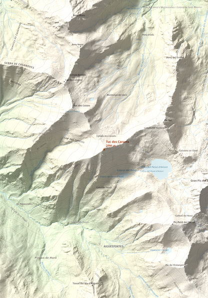 Mapa de relieve de Tuc des Carants, 2791 m, Alta Ribagorça, lámina 100 Cims de Trobart. Detalle de la zona central. 70 × 100 cm.