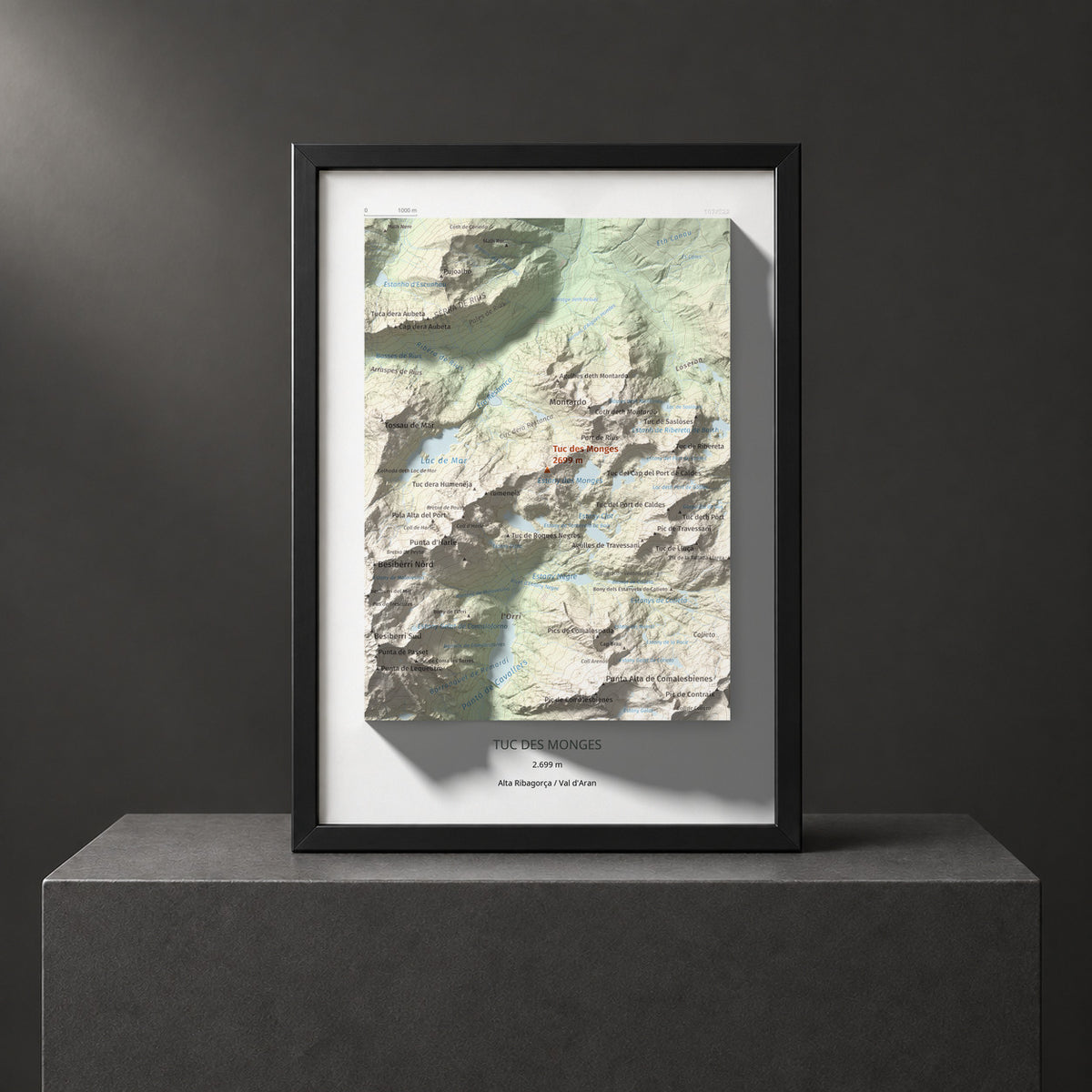 Mapa de relieve de Tuc des Monges, 2699 m, Alta Ribagorça · Val d'Aran, lámina 100 Cims de Trobart. Presentación enmarcada. 21 × 30 cm.