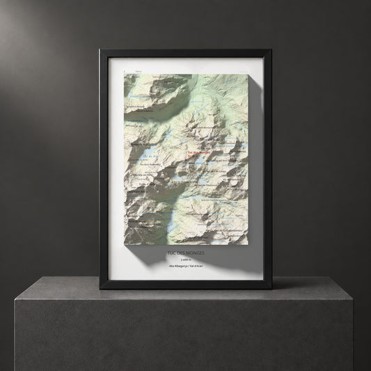 Mapa de relieve de Tuc des Monges, 2699 m, Alta Ribagorça · Val d'Aran, lámina 100 Cims de Trobart. Presentación enmarcada. 21 × 30 cm.