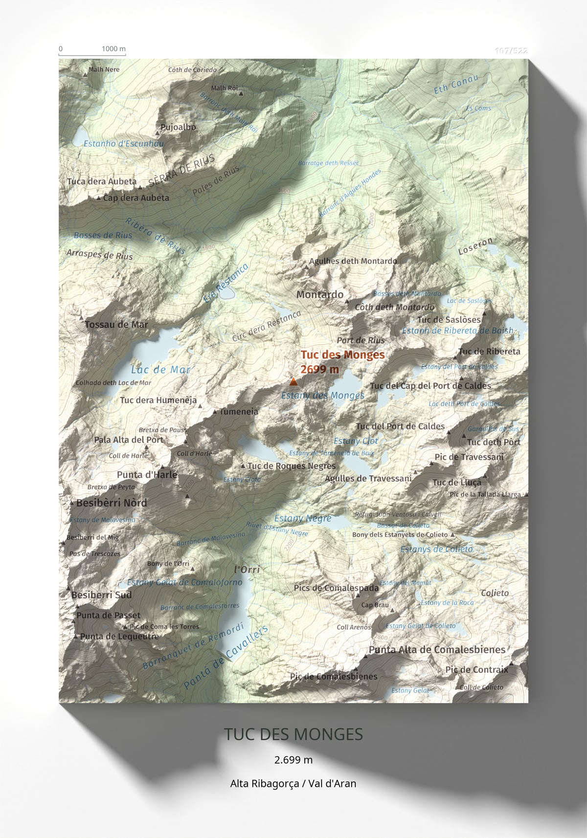 Mapa de relieve de Tuc des Monges, 2699 m, Alta Ribagorça · Val d'Aran, lámina 100 Cims de Trobart 21 × 30 cm.