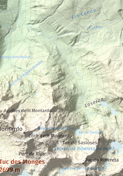 Mapa de relieve de Tuc des Monges, 2699 m, Alta Ribagorça · Val d'Aran, lámina 100 Cims de Trobart. Detalle de la zona superior derecha. 21 × 30 cm.