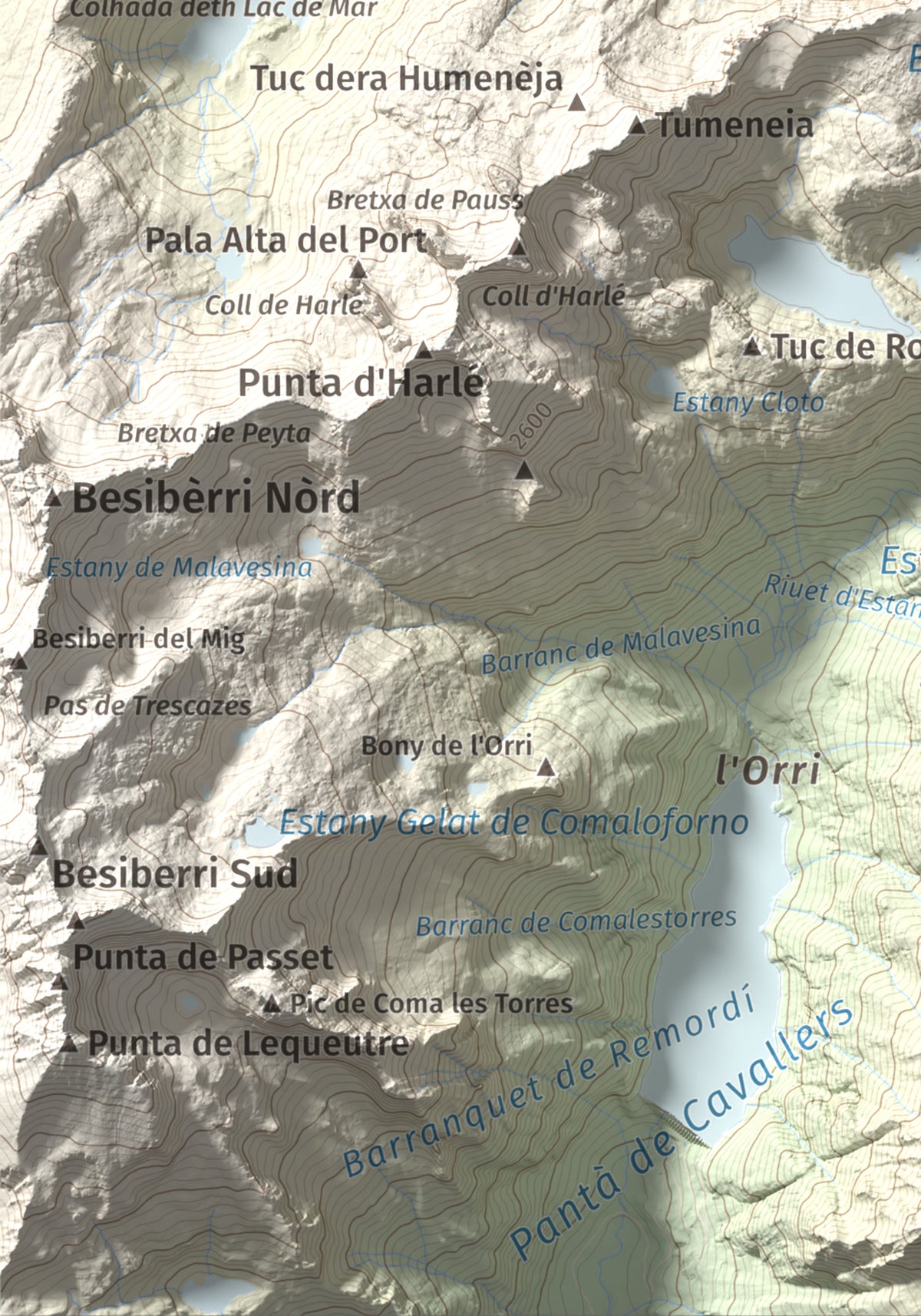 Mapa de relieve de Tuc des Monges, 2699 m, Alta Ribagorça · Val d'Aran, lámina 100 Cims de Trobart. Detalle de la zona inferior izquierda. 21 × 30 cm.