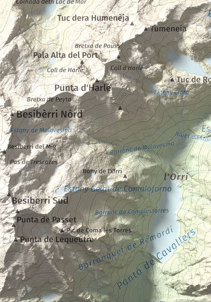 Mapa de relieve de Tuc des Monges, 2699 m, Alta Ribagorça · Val d'Aran, lámina 100 Cims de Trobart. Detalle de la zona inferior izquierda. 21 × 30 cm.