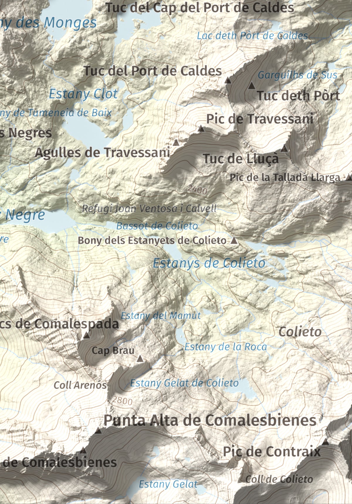 Mapa de relieve de Tuc des Monges, 2699 m, Alta Ribagorça · Val d'Aran, lámina 100 Cims de Trobart. Detalle de la zona inferior derecha. 21 × 30 cm.