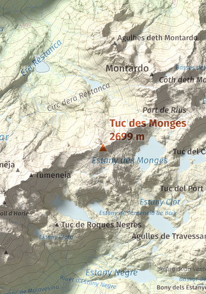 Mapa de relieve de Tuc des Monges, 2699 m, Alta Ribagorça · Val d'Aran, lámina 100 Cims de Trobart. Detalle de la zona central. 21 × 30 cm.